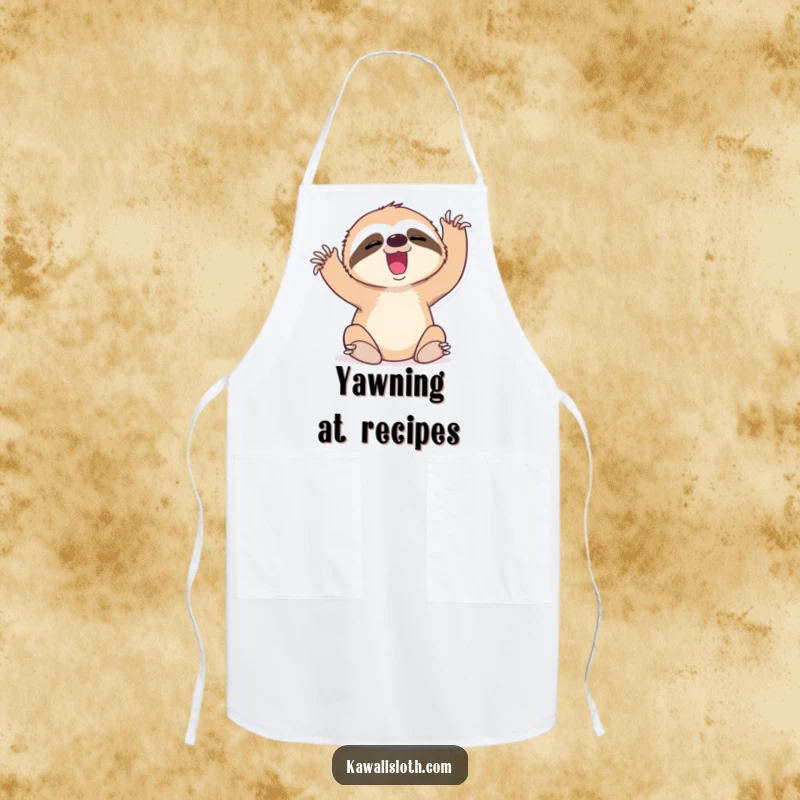 Funny apron depicting a sloth yawning and stretching, bringing humorous effort to the kitchen.