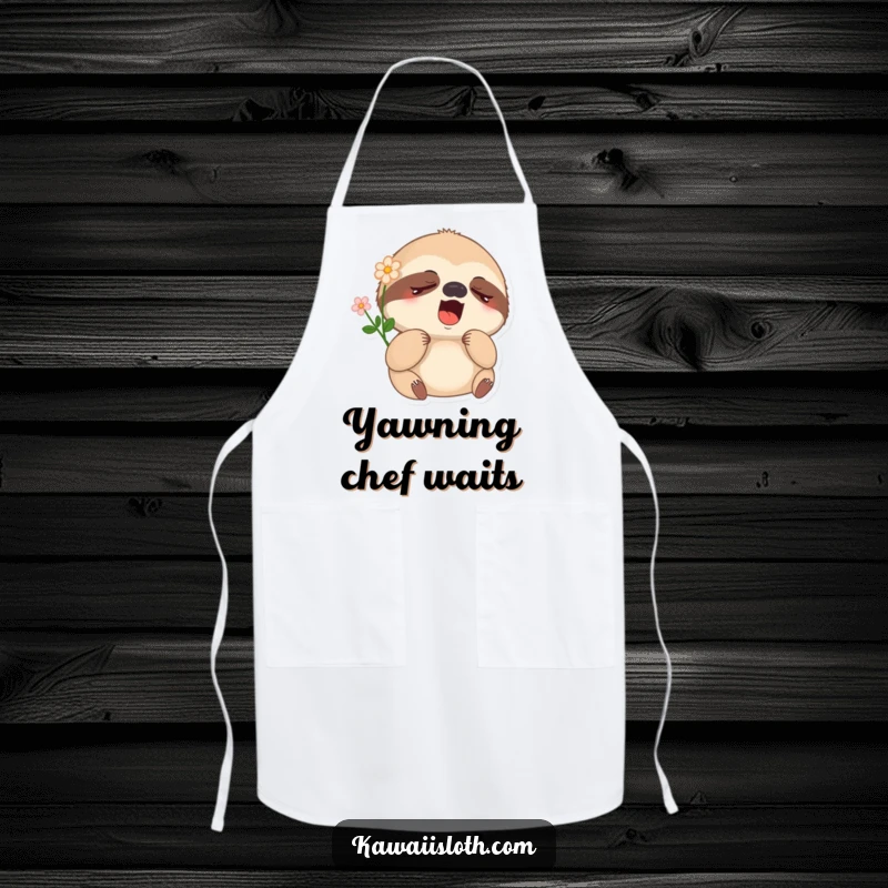 Funny sleepy sloth apron showing a yawning sloth with a flower, ideal for kitchen comfort and comical cooking moments.