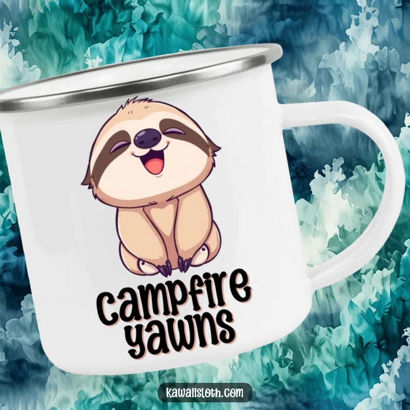 Funny camping mug featuring a sloth playfully yawning with a subtle smile, perfect for relaxed outdoor moments.