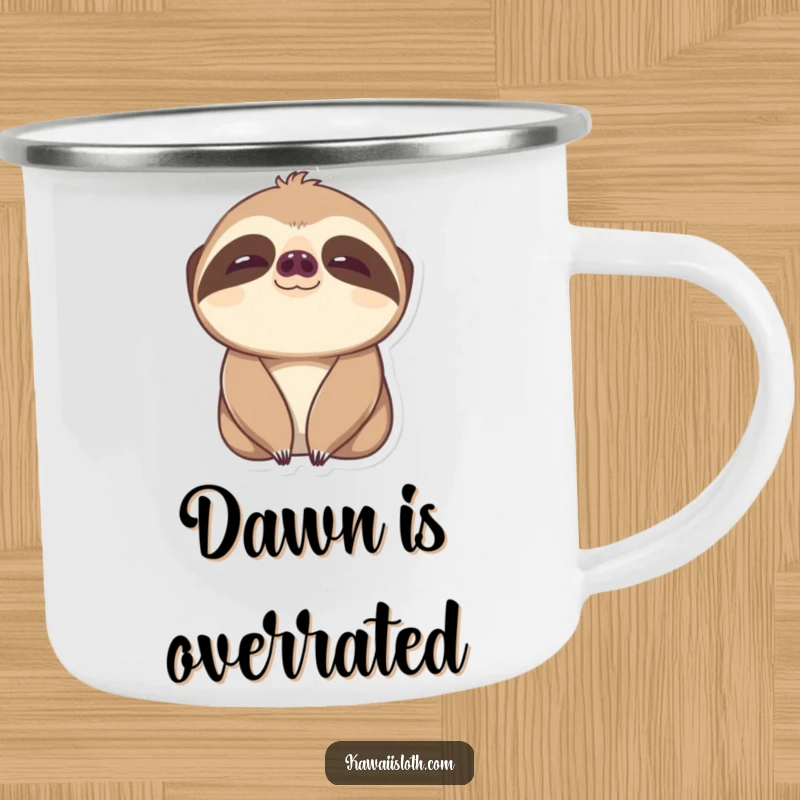 Funny Content Sloth Camping Mug: a sloth with wide, content eyes, perfect for happy outdoor drink sipping.