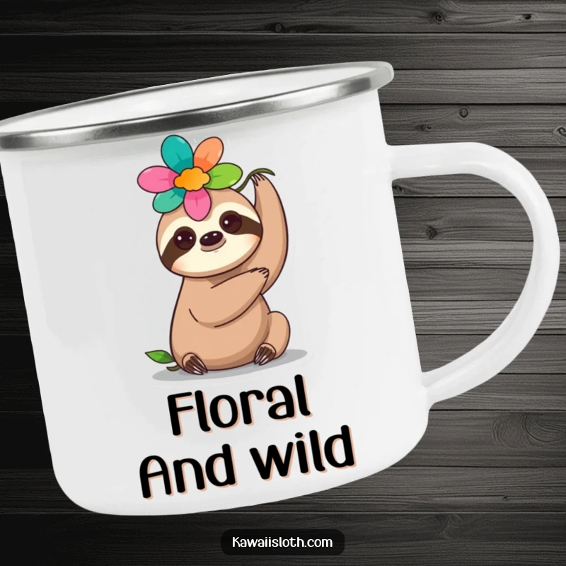 Funny flower sloth camping mug, featuring a sloth balancing a flower on its head, perfect for serene outdoor enjoyment.