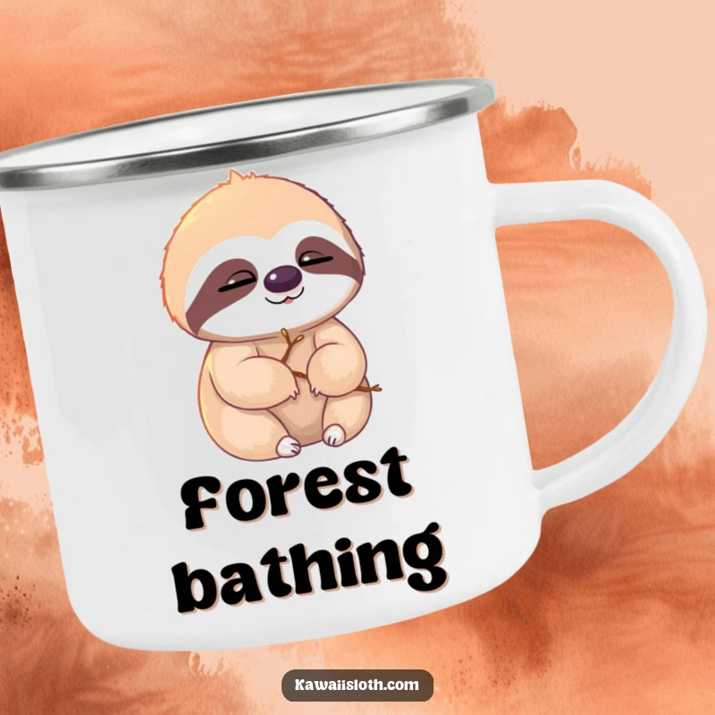 Funny sloth camping mug, sloth with twigs in fur, slowly blinking in sunlight, humorous outdoor gear, great funny gift.