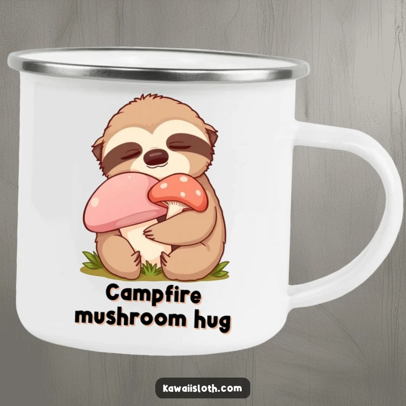 Funny content sloth camping mug with a sloth hugging a mushroom, designed for cozy enjoyment and comical relaxation.