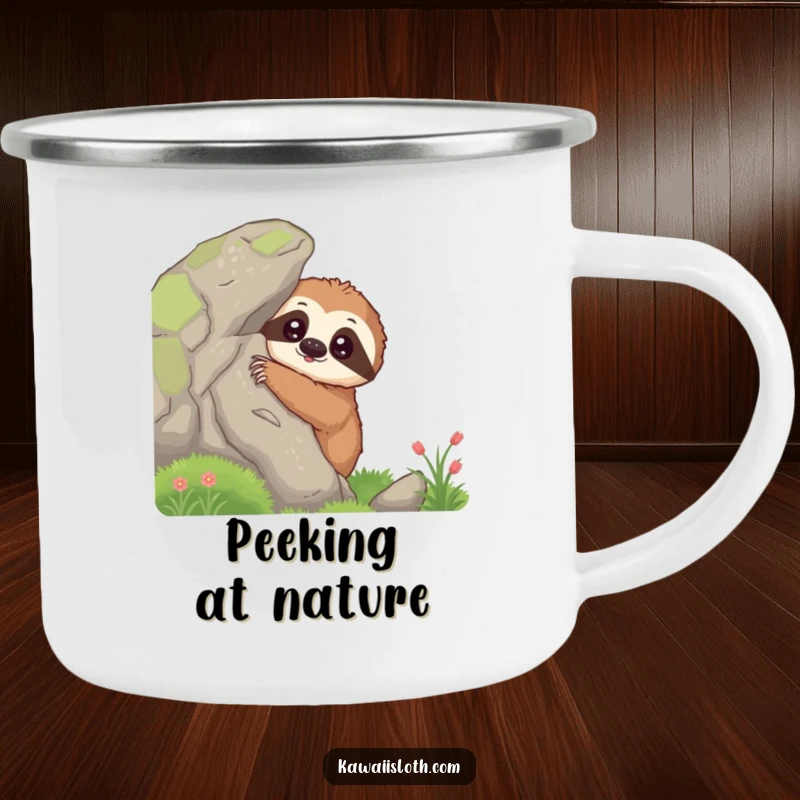 Funny curious sloth camping mug with a sloth peeking from behind a mossy rock, designed for slow enjoyment and comical adventures.