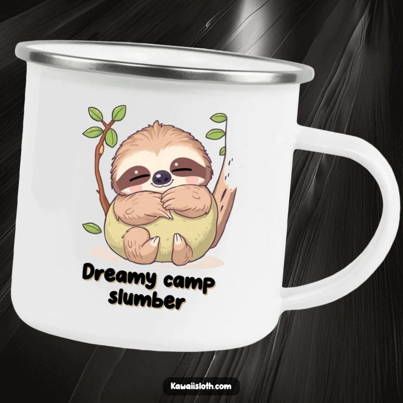 Funny camping mug with a sloth's dreamy eyes while hugging a soft pillow, perfect for cozy outdoor moments and humor.