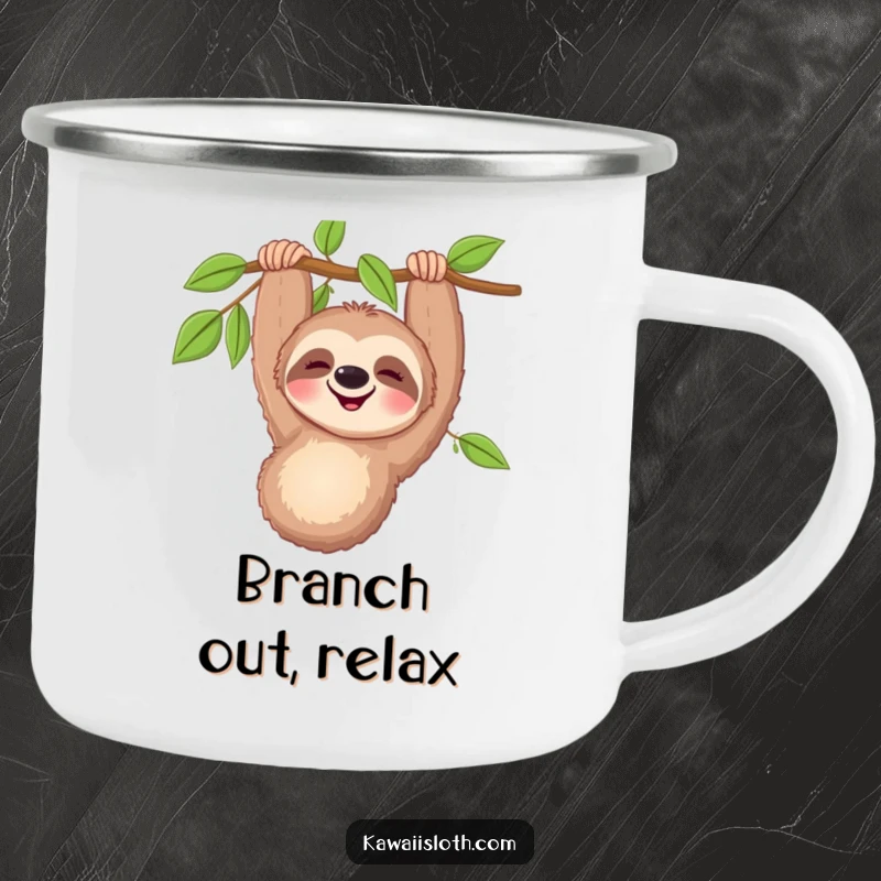 Funny happy sloth camping mug with a smiling sloth hanging from a branch, designed for outdoor enjoyment and comical moments.