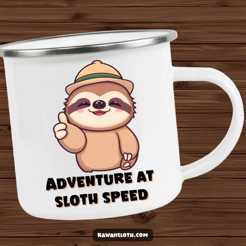 Funny camping mug featuring a lazy sloth in a tiny hat, giving a relaxed thumbs up, ideal for outdoor enthusiasts.
