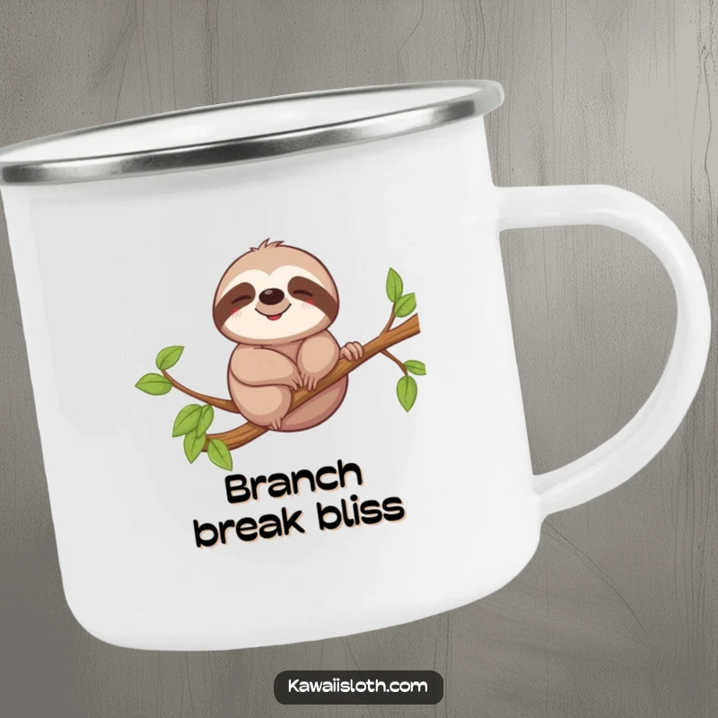 Funny camping mug with a sloth's relaxed smile, gently swaying on a branch, perfect for outdoor adventures and enjoying slow moments.