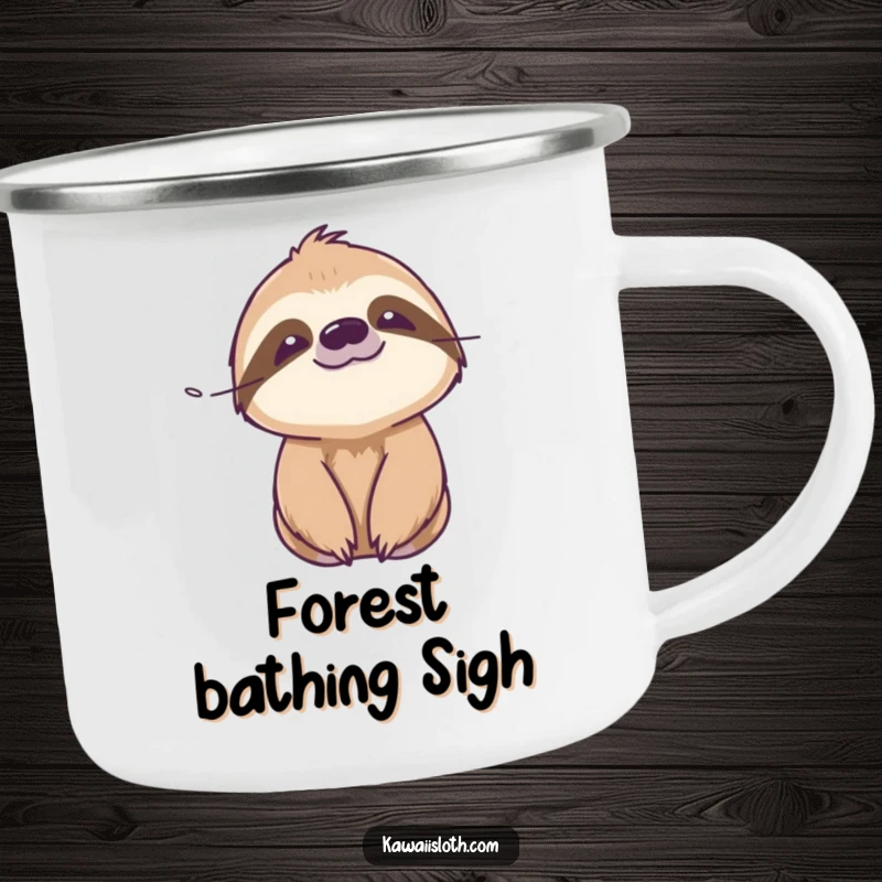 Funny serene sloth camping mug showing a sloth with a peaceful expression enjoying a gentle breeze, for outdoor use.