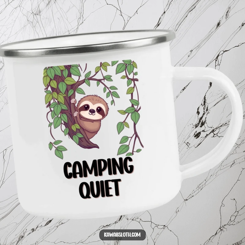 Funny shy sloth camping mug, sloth peeking from vines with a gentle gaze, humorous outdoor gear, great funny gift.