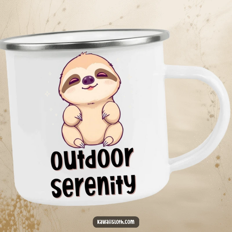 Funny sloth camping mug, sloth reaching languidly for a peaceful aura, humorous outdoor gear, great funny gift.