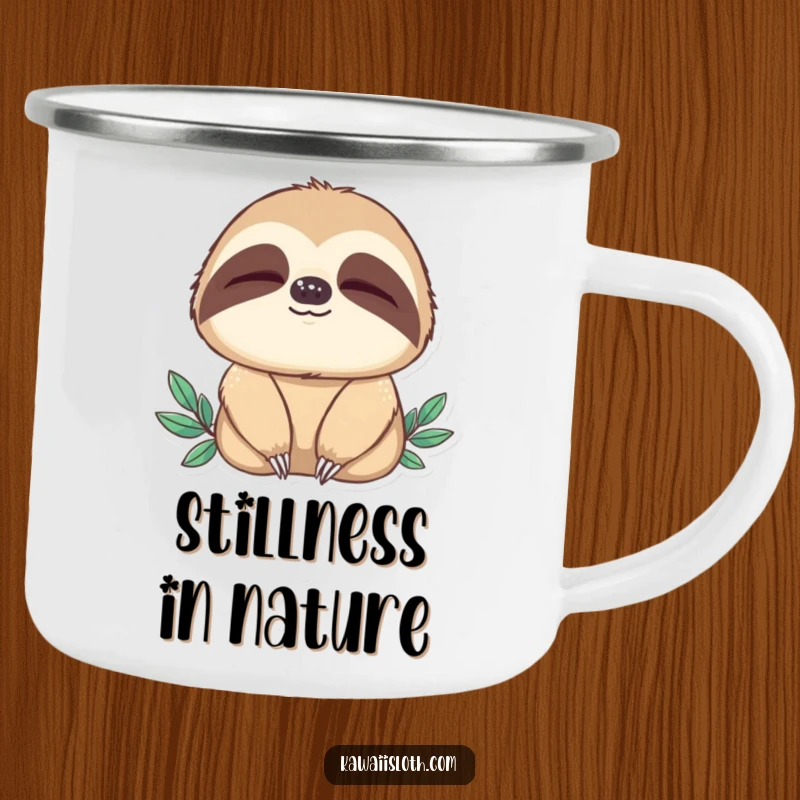Funny camping mug with a sloth blinking slowly, evoking peace and relaxation in outdoor settings. A humorous and practical gift.