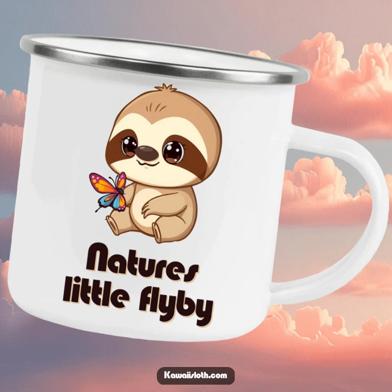 Funny camping mug showing a curious sloth with large eyes observing a butterfly, perfect for outdoor drinks.