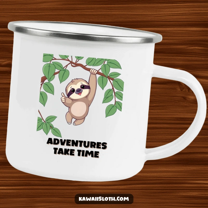 Funny camping mug with a sloth playfully dangling from a vine, giving a thumbs up, perfect for outdoor relaxation.