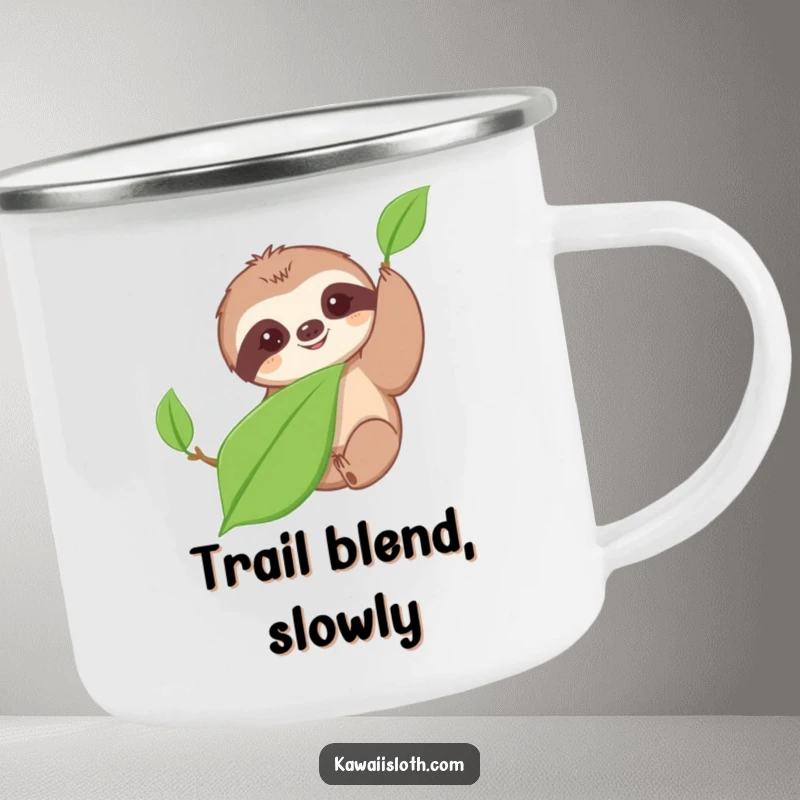 Funny camping mug featuring a cute sloth slowly reaching for a leaf, perfect for outdoor adventures and slow-paced enjoyment.
