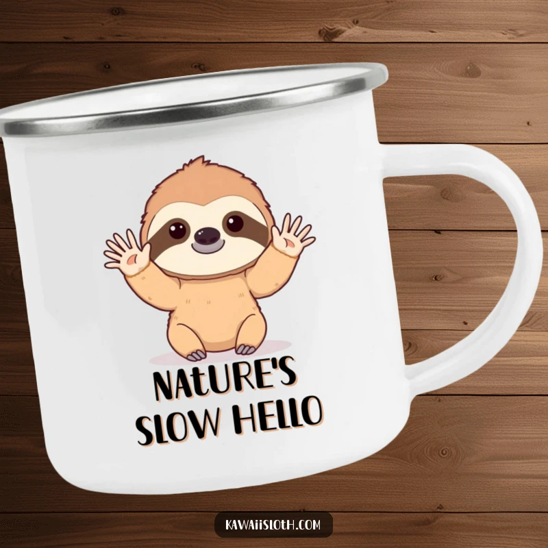 Funny camping mug with a sloth slowly waving hello with a gentle, drawn-out motion, perfect for outdoor greetings and enjoyment.