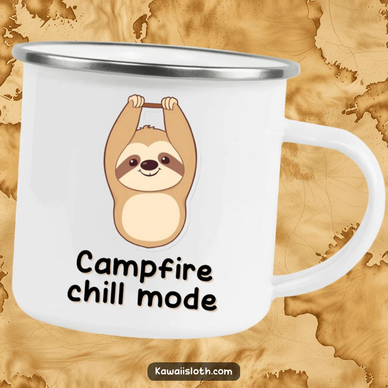 Funny camping mug with a smiling sloth hanging upside down, perfect for enjoying outdoor views with a humorous, contented spirit.