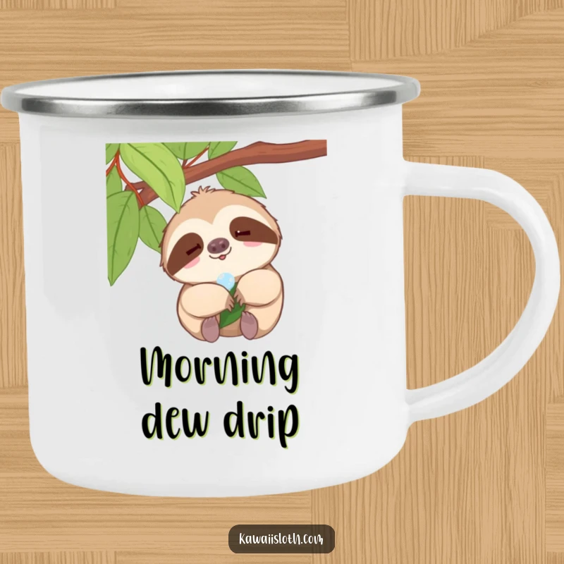 Funny sloth camping mug, tiny smile sloth enjoying a dewdrop on a leaf, humorous outdoor gear, great funny gift.
