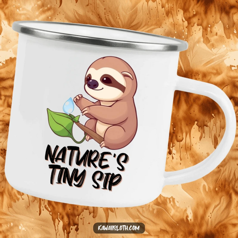 Funny enamel camping mug showing a sloth carefully reaching for a dewdrop on a leaf, ideal for enjoying beverages outdoors with a humorous touch.
