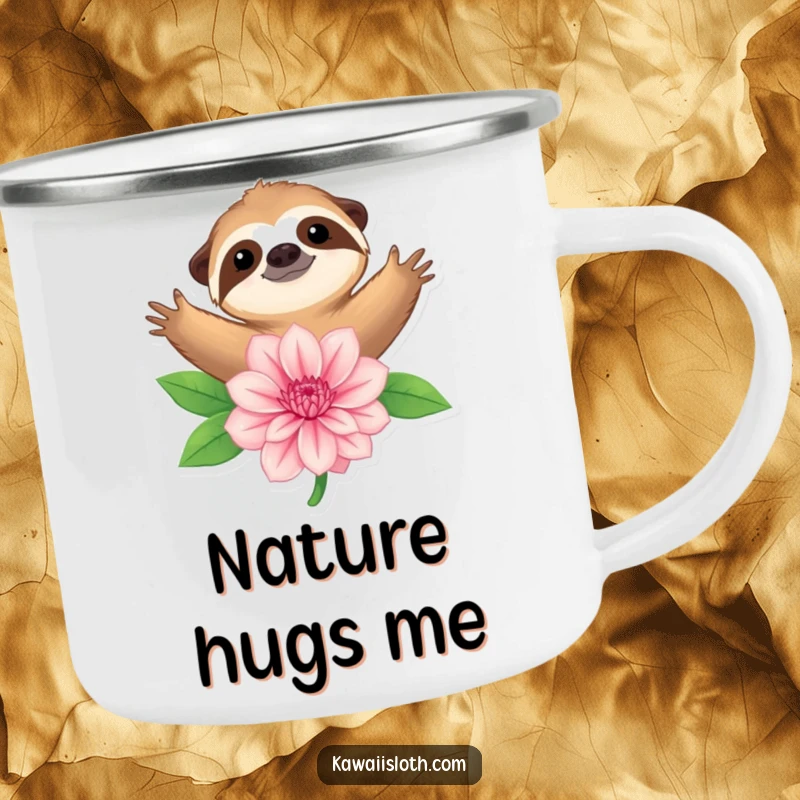 Funny camping mug featuring a sloth embracing a large flower, embodying tranquil moments in the great outdoors.