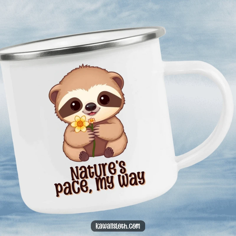 Funny camping mug showcasing a sloth carefully holding a flower, perfect for enjoying beverages during outdoor adventures with a smile.