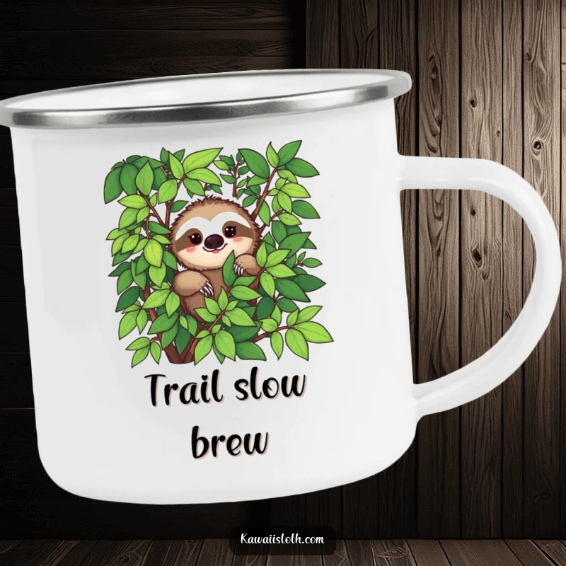 Funny camping mug with a sloth peeking from abundant green foliage and a slight smile, perfect for outdoor relaxation.