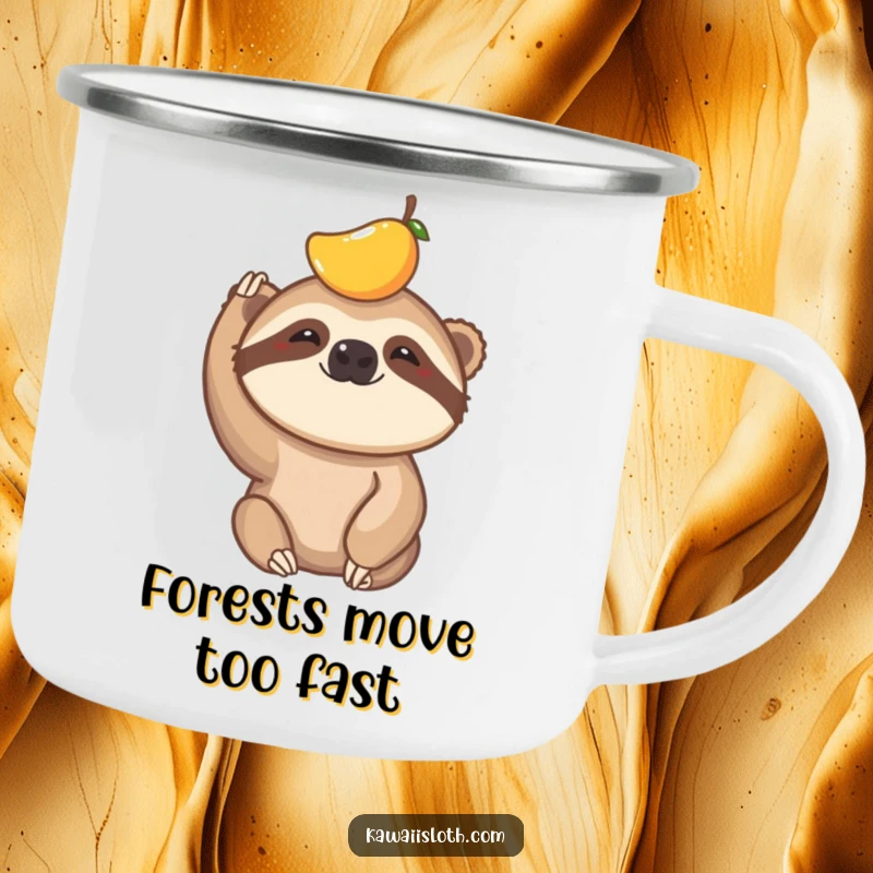 Funny camping mug with a sloth attempting to balance fruit on its head, durable and humorous for outdoor use.