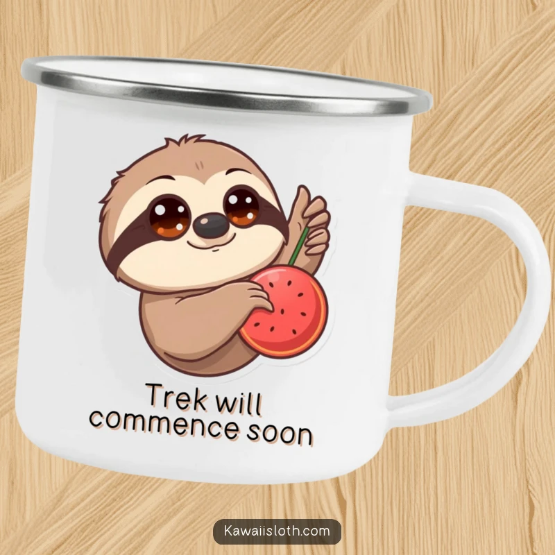 Funny Camping Mug: A sloth with oversized eyes slowly reaches for a hanging fruit, perfect for savoring morning brews.
