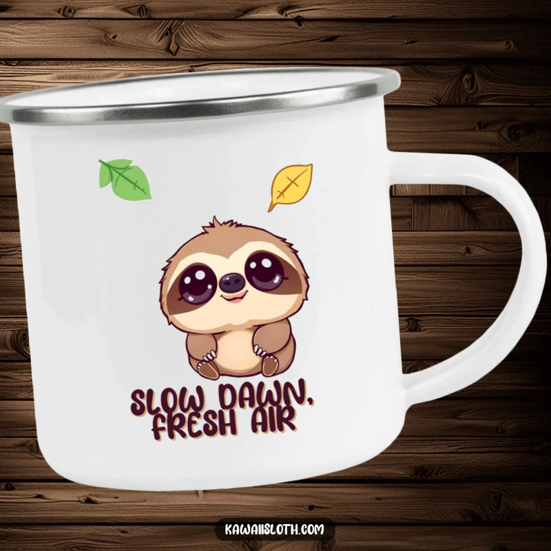 Funny camping mug featuring a sloth with large, soft eyes watching a leaf fall, perfect for humorous outdoor enjoyment.