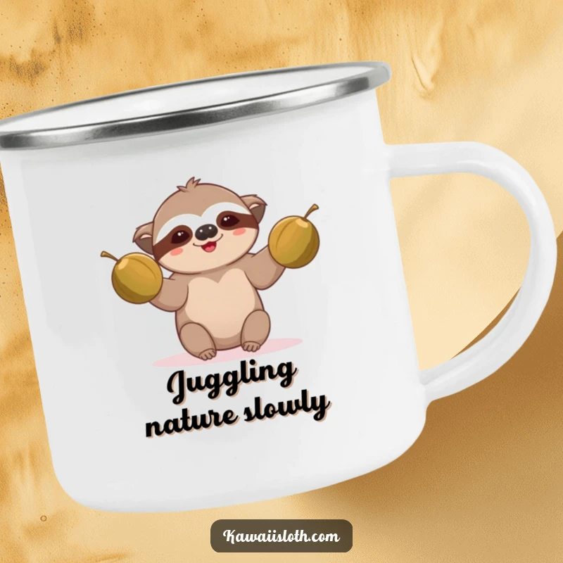 Funny sloth camping mug, comically juggling coconuts, embodying tropical leisure, a wonderful funny gift for campers.