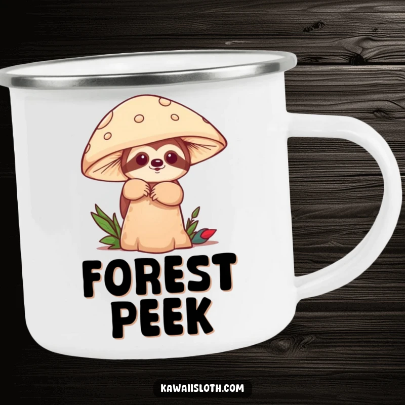 Funny camping mug with a sloth playfully peeking from behind a mushroom, perfect for outdoor adventures. A humorous gift.
