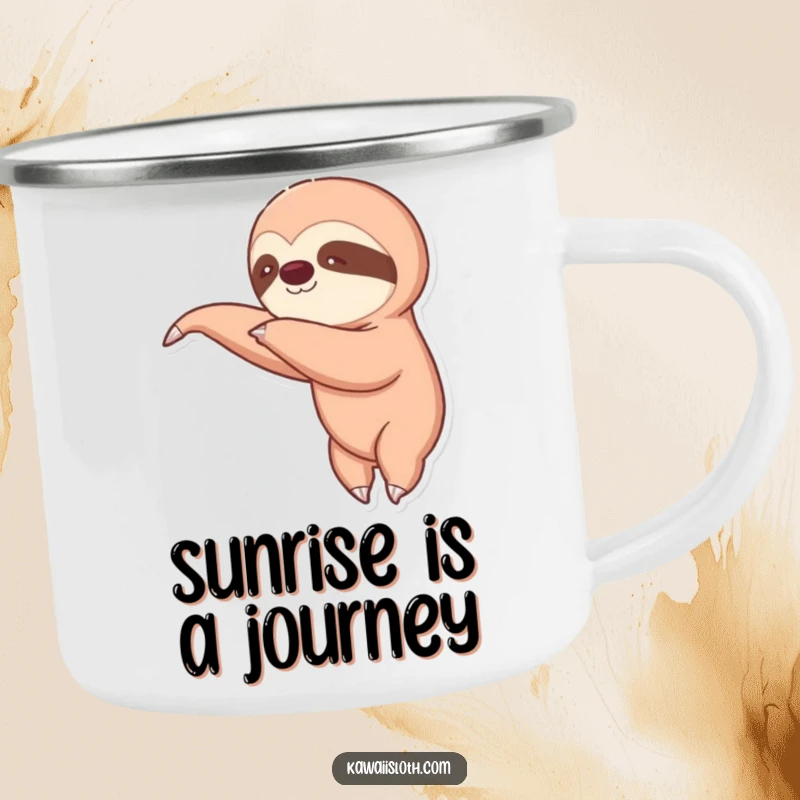 Funny camping mug with a sloth slowly reaching for its drink. Captures the humor of outdoor adventures and taking your time.