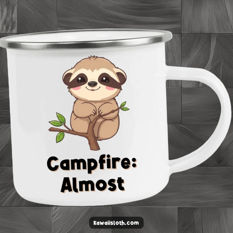 Funny camping mug with a sloth comically stuck on a branch, built for outdoor humor.