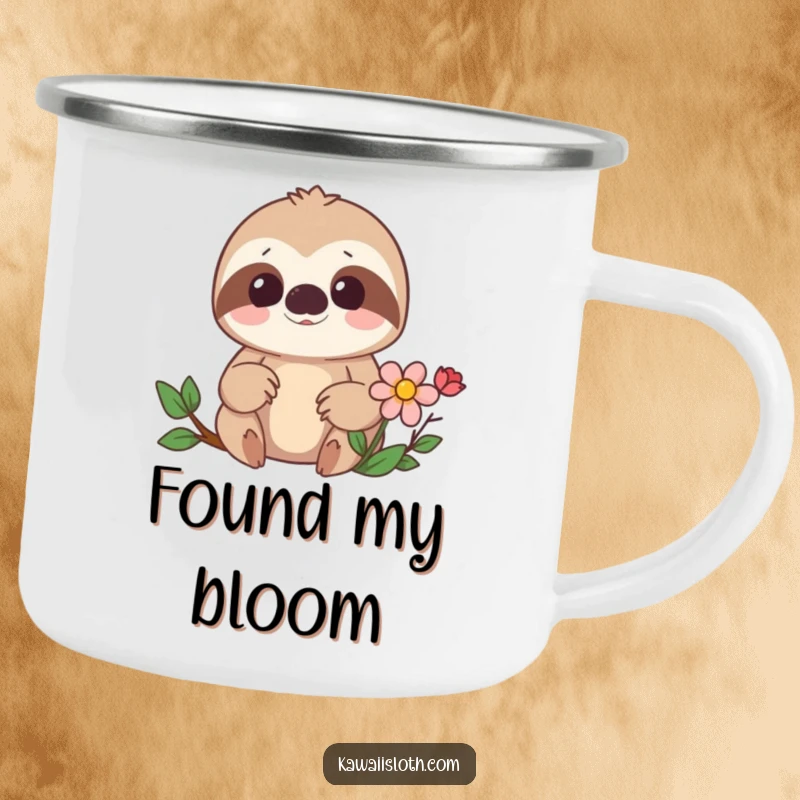 Funny camping mug featuring a surprised sloth discovering a hidden flower, perfect for outdoor enthusiasts. A humorous gift.