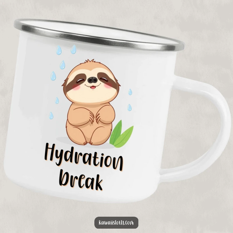 Funny camping mug with a sloth attempting to catch falling raindrops with a slow, happy smile, perfect for outdoor enjoyment.