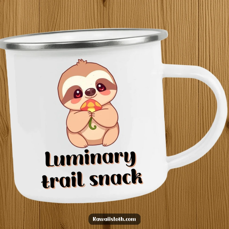 Funny Camping Mug showing a sloth holding a small, glowing mushroom with an expression of wonder, perfect for magical outdoor adventures.