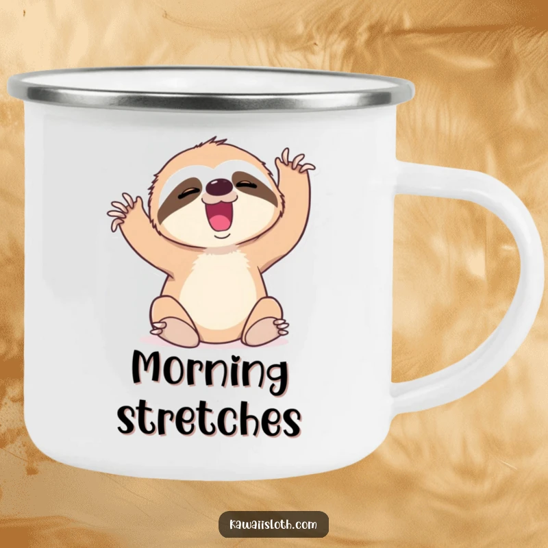Funny camping mug with a sloth yawning and stretching, built for leisurely outdoor humor.
