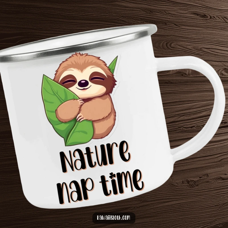 Funny camping mug with a sloth with wide, sleepy eyes, hugging a giant leaf, perfect for outdoor relaxation and comfort.
