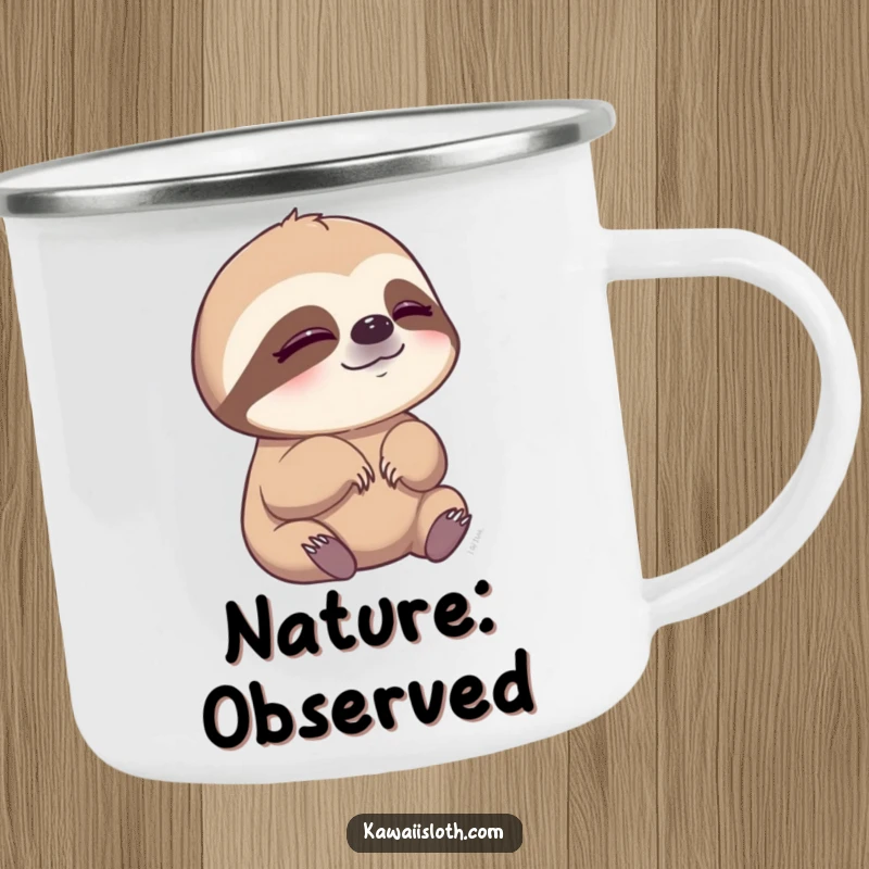 Funny camping mug with a sloth slowly blinking, perfect for peaceful outdoor moments.