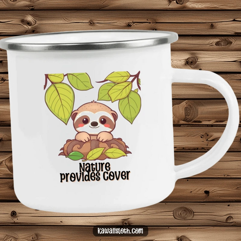 Funny camping mug with a smiling sloth peeking from leaves, perfect for enjoying beverages in the great outdoors.