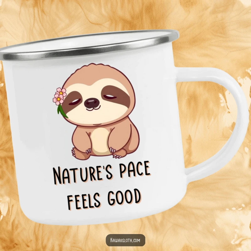 Funny Sloth Camping Mug: a peaceful sloth with a flower, perfect for sipping drinks on outdoor adventures.