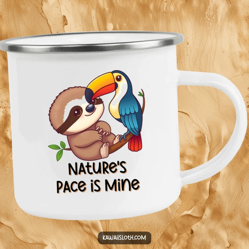 Funny sloth curiously observing a colorful toucan on a camping mug, ideal for outdoor adventures and a good laugh.