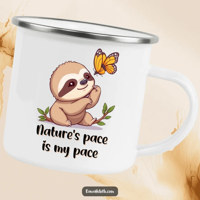 Funny Camping Mug featuring a sloth slowly nodding, captivated by a butterfly, designed for outdoor enthusiasts who enjoy humor.
