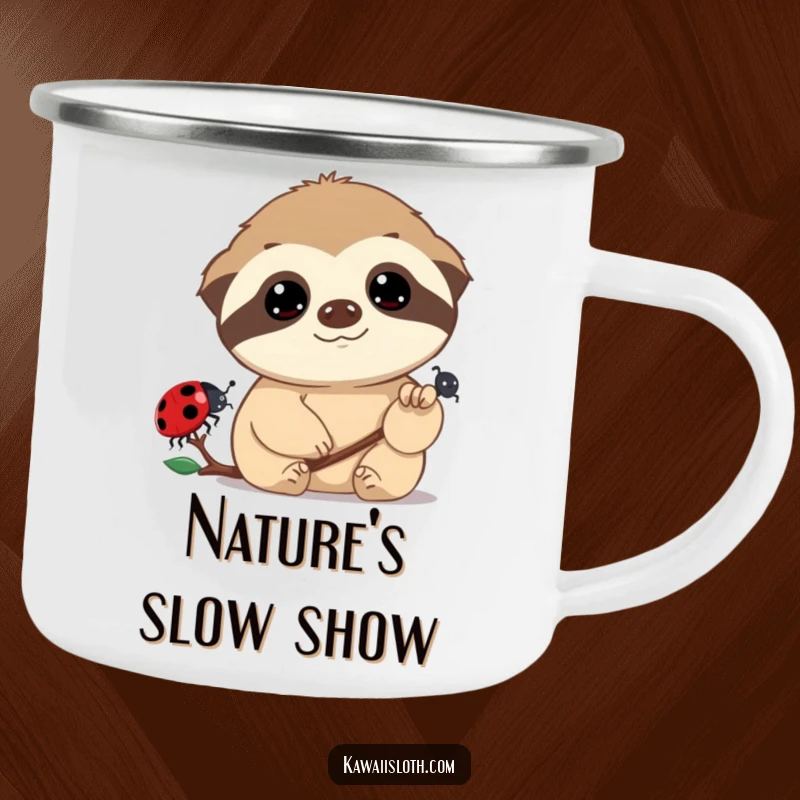 Funny enamel camping mug showing a sloth with dreamy eyes watching a ladybug, ideal for enjoying beverages outdoors with a humorous touch.