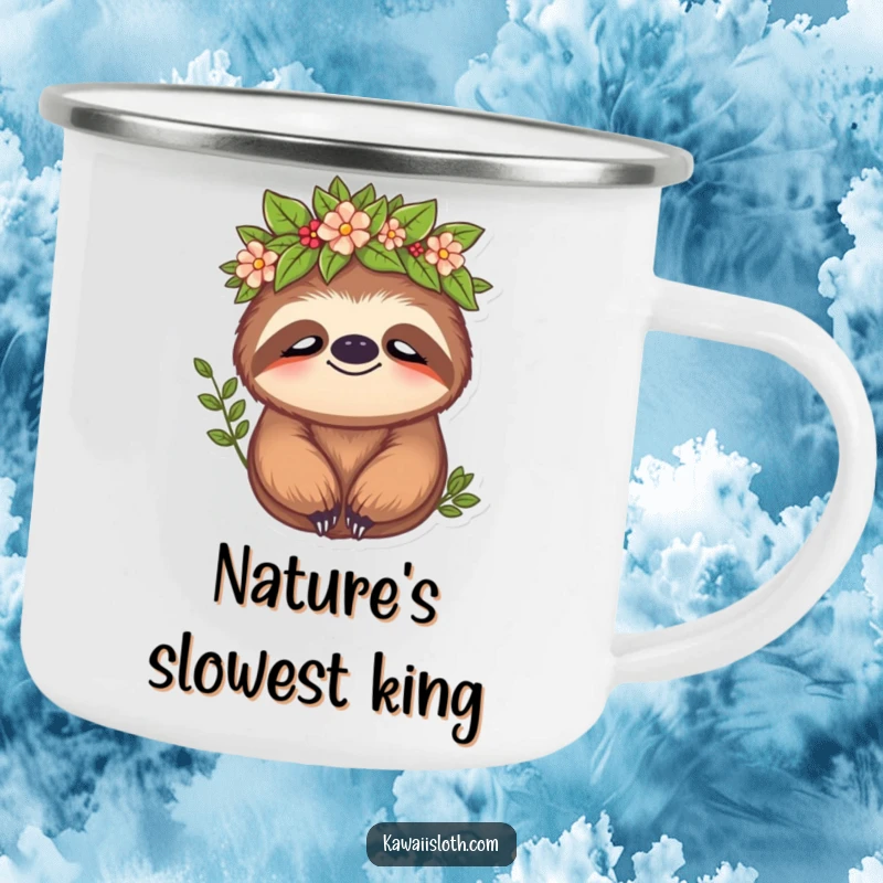 Funny sloth camping mug showing a sloth wearing a leafy crown with a peaceful expression, ideal for outdoor enthusiasts who love nature.