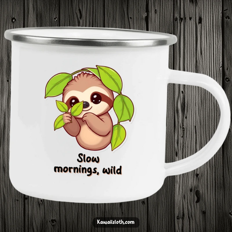 Funny enamel camping mug showcasing a happy sloth holding a leaf, perfect for outdoor drinks with a dose of humor and adventure.
