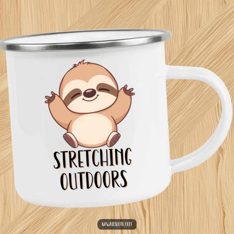 Funny camping mug with a sloth stretching contentedly with a peaceful smile, perfect for outdoor relaxation. A humorous gift.