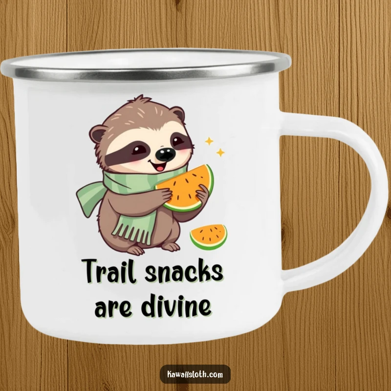 Funny camping mug with a happy sloth in a scarf eating fruit, perfect for enjoying snacks in the great outdoors.