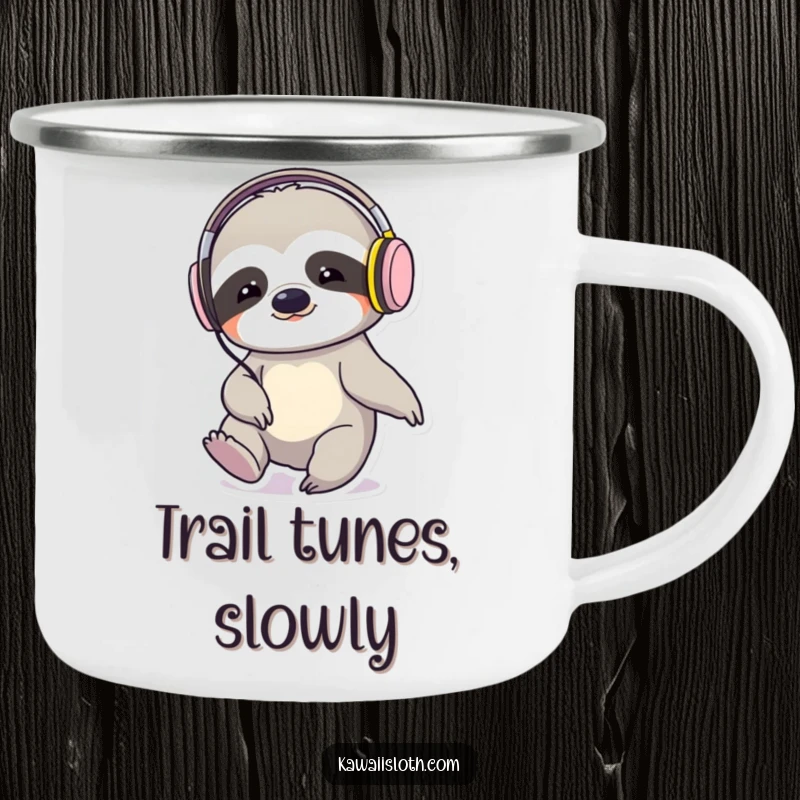 Funny sloth with headphones tapping its foot, on a rugged camping mug, ready for outdoor adventures.