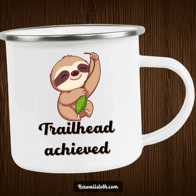 Funny camping mug with a smiling sloth reaching for a leaf, perfect for enjoying drinks outdoors with a humorous vibe.